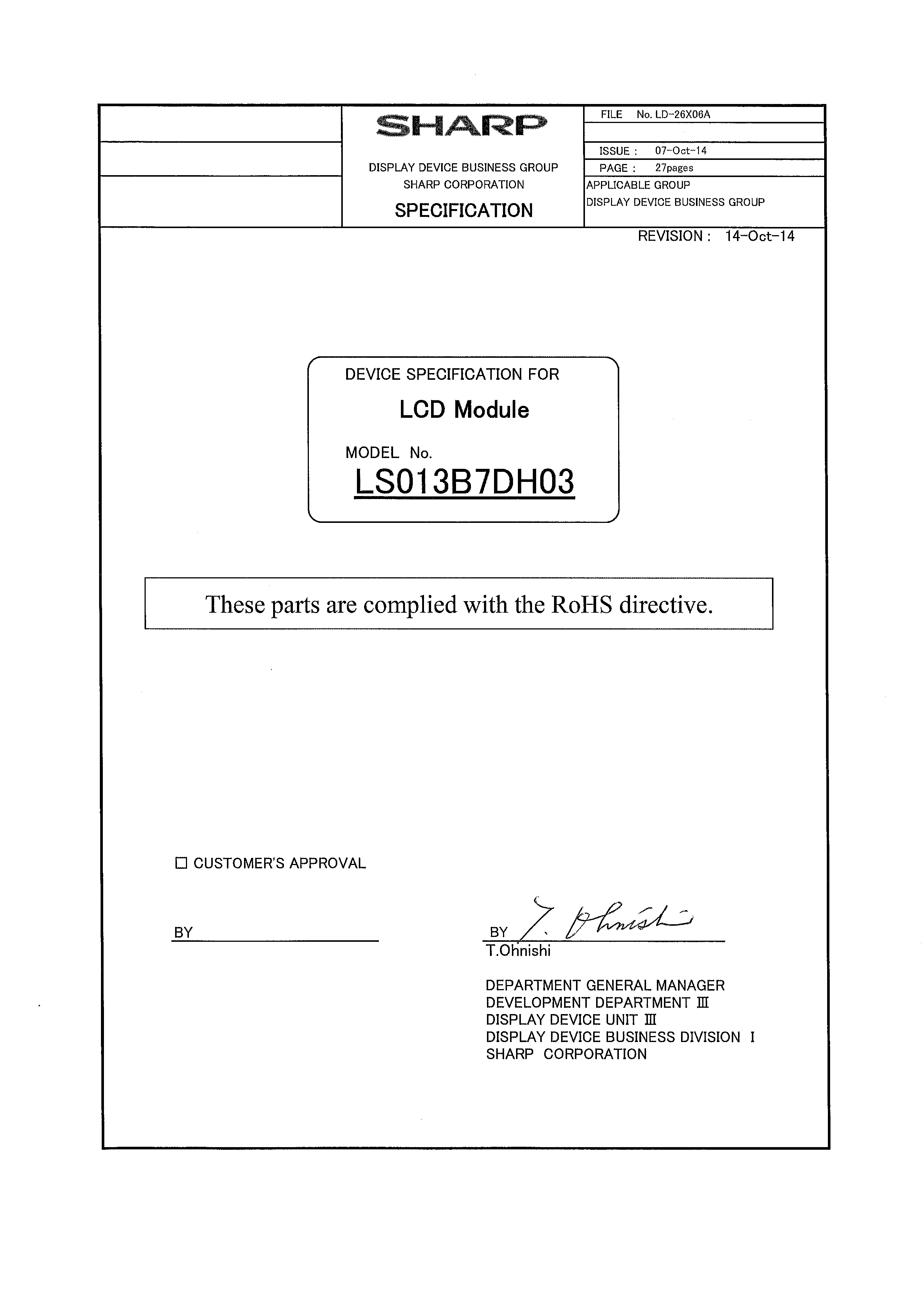 SHARP LS013B7DH03 for sale