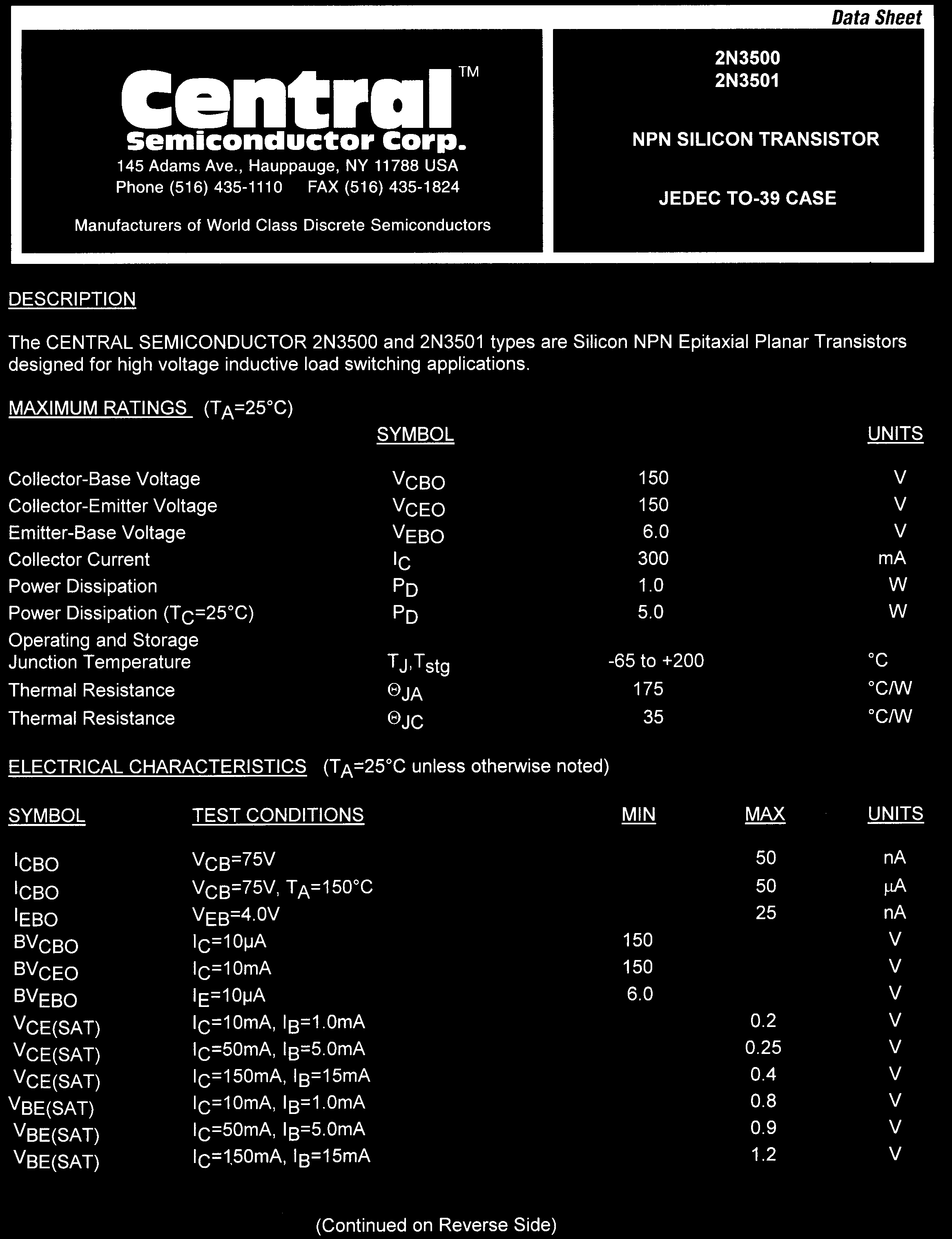 Central 2N3501 PBFREE for sale