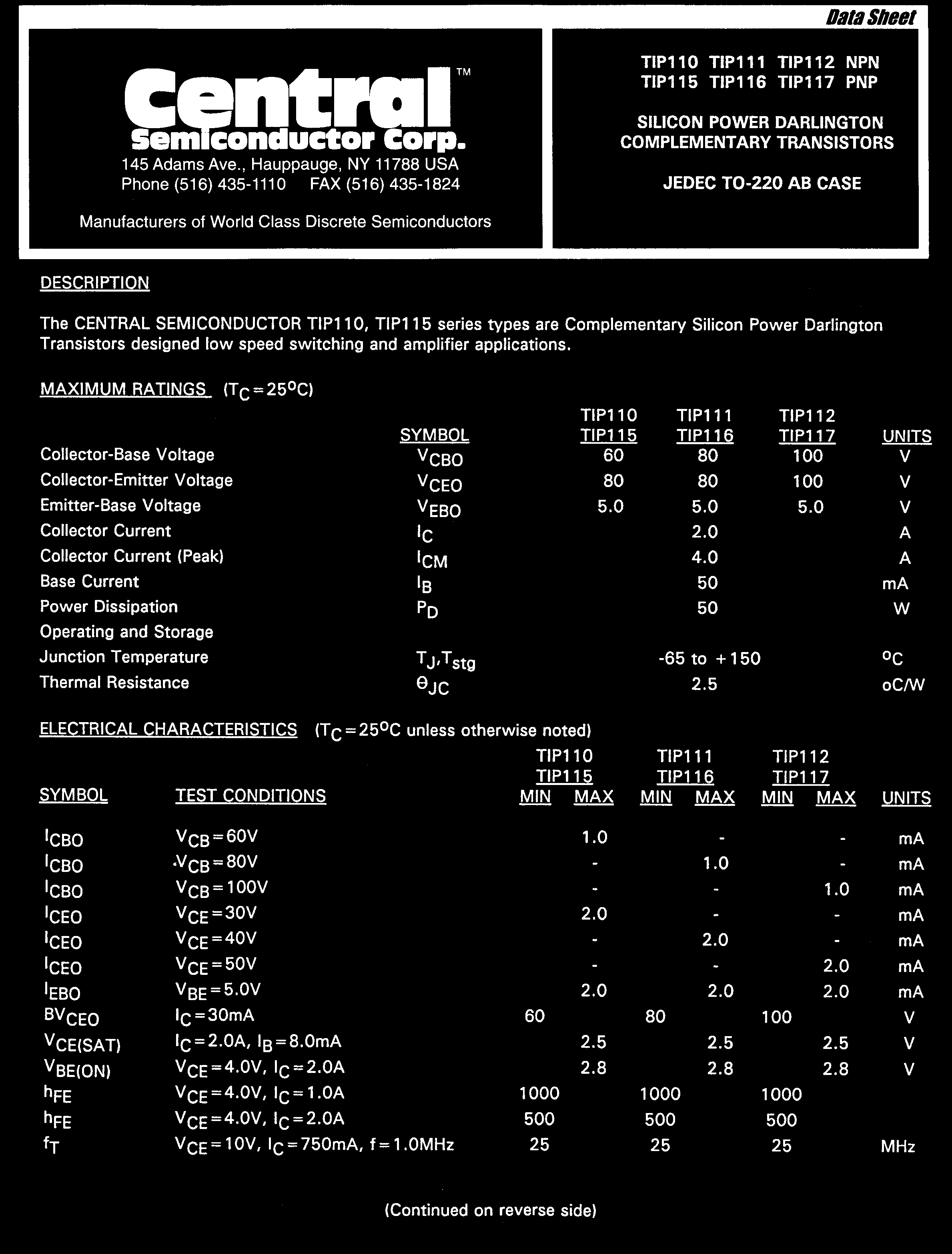 Central TIP117 PBFREE for sale
