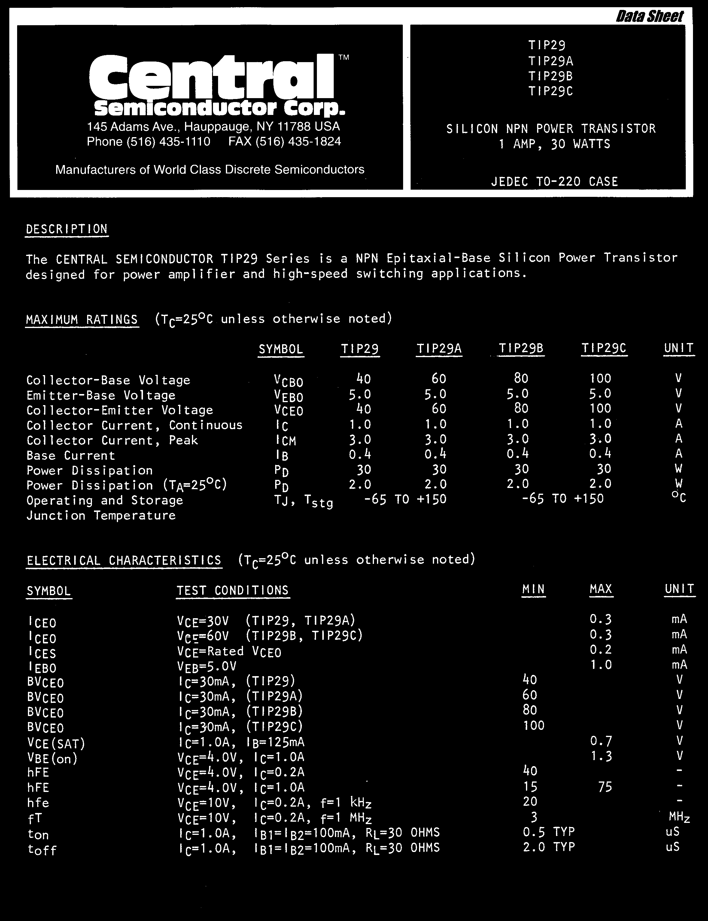Central TIP29A PBFREE for sale
