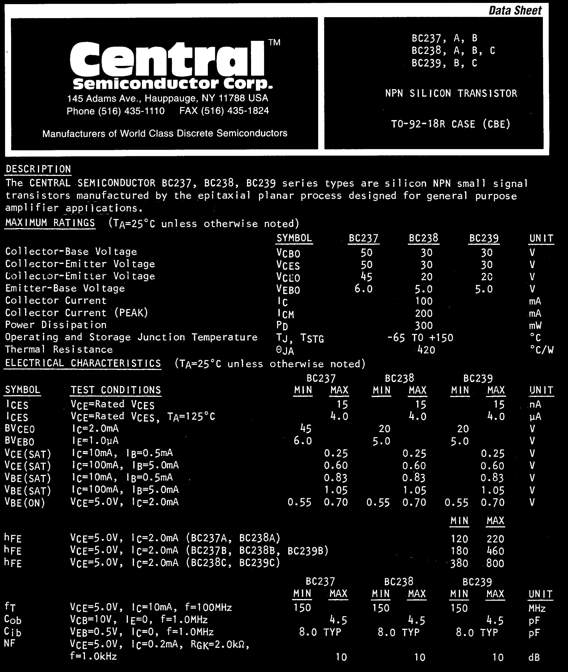 Central BC237B PBFREE for sale