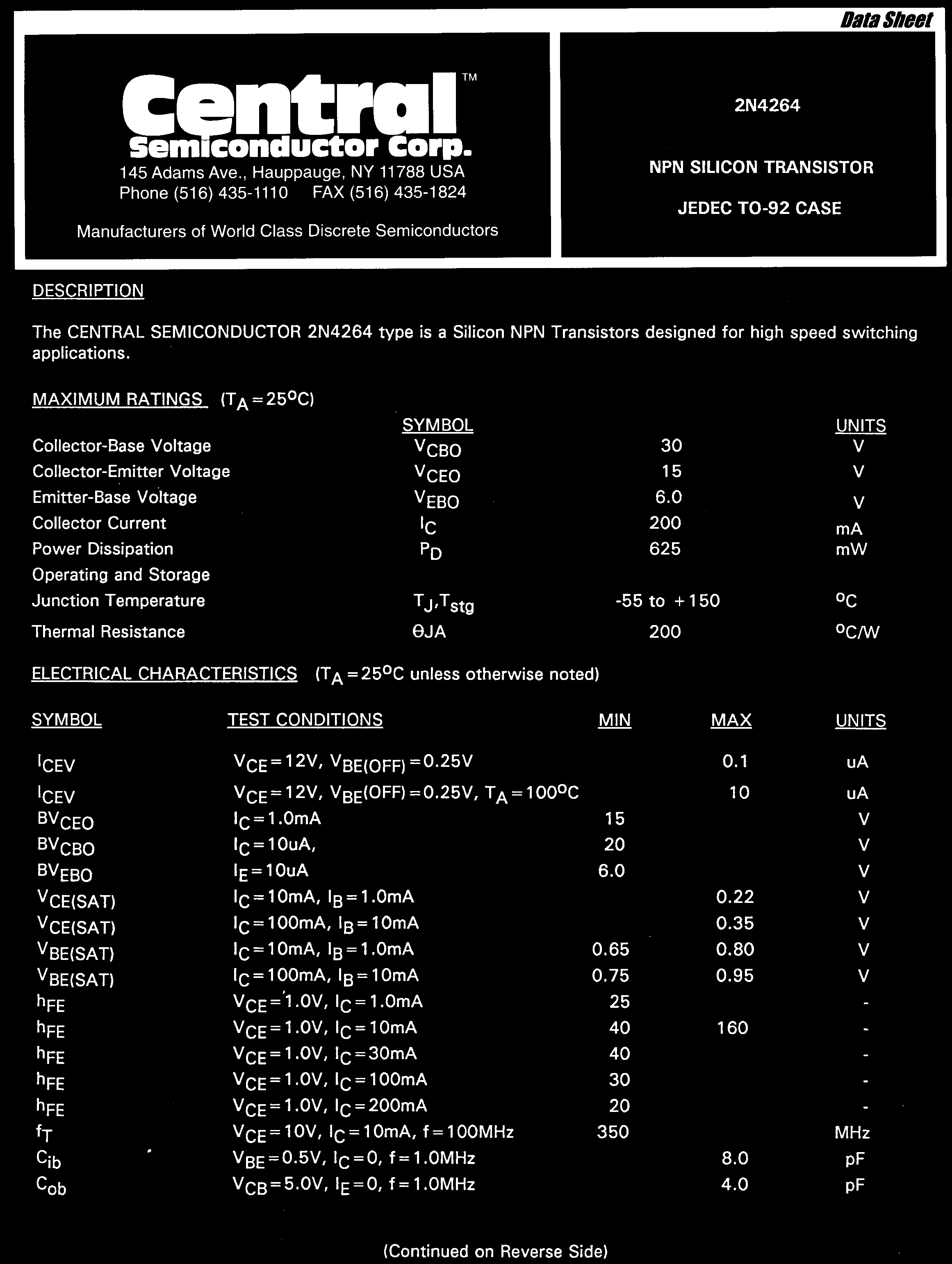 Central 2N4264 PBFREE for sale