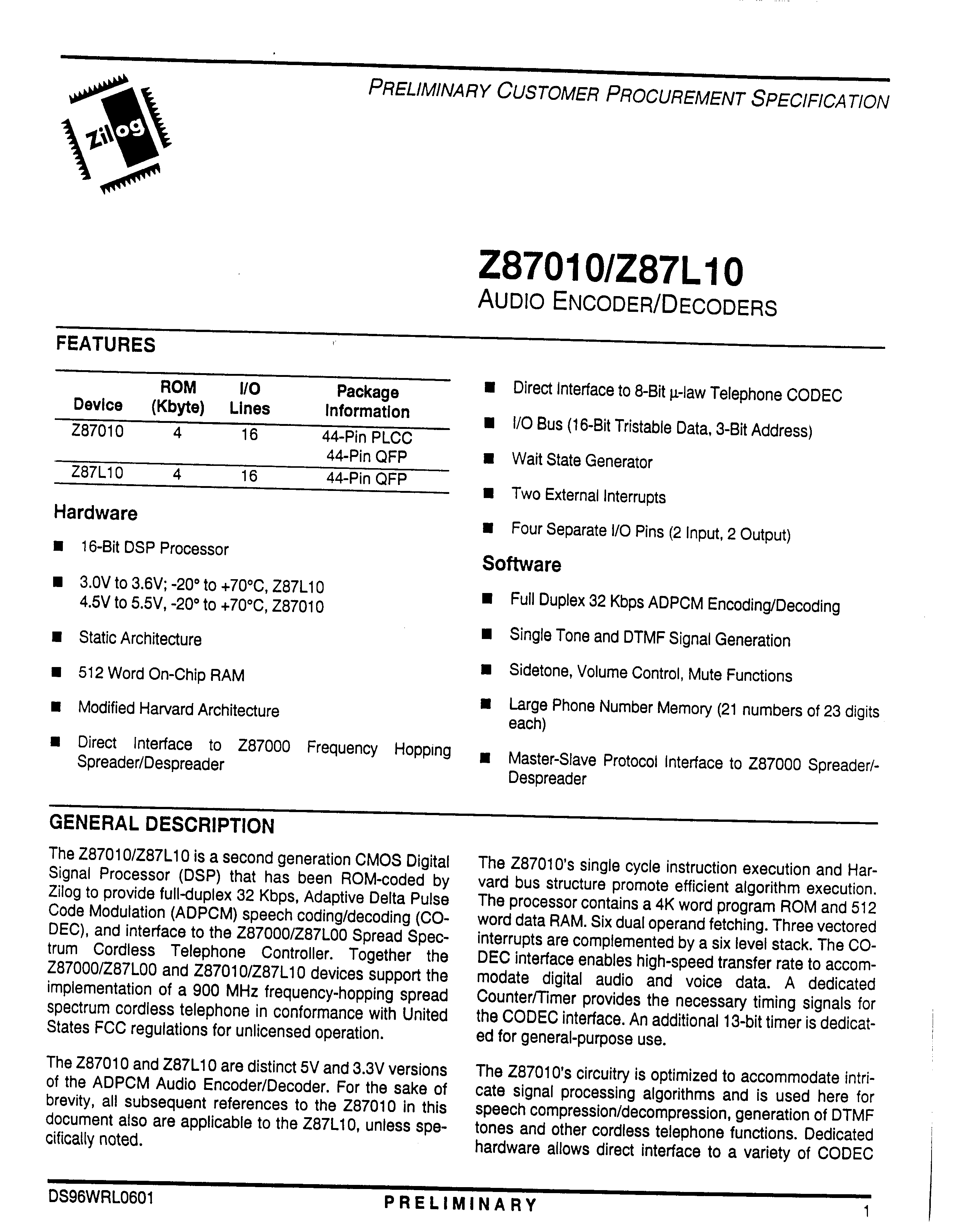 Zilog Z87L1016ASGR2961 for sale